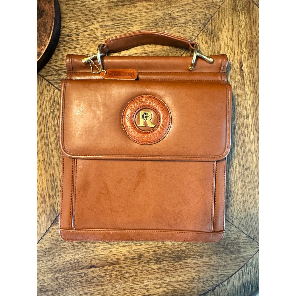 Rosenio Splendid Tan Leather Document Bag Portfolio Case Gold Rose‎ Logo Vintage